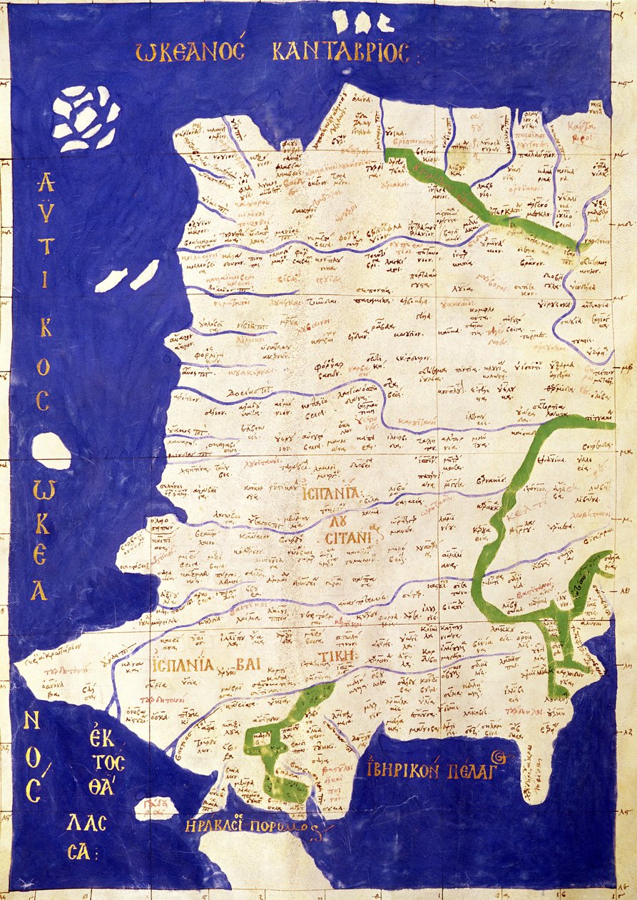 Espanjan ja Portugalin kartta, "Geographia" tekijältä Ptolemy