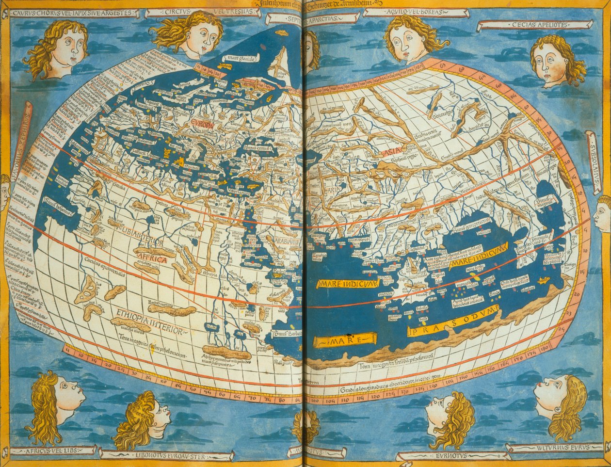 Maailman kartta, joka perustuu kuvauksiin ja koordinaatteihin, jotka on annettu julkaisussa "Geographia", joka julkaistiin ensimmäisen kerran Ulmissa, Saksassa, 1482 tekijältä Ptolemy