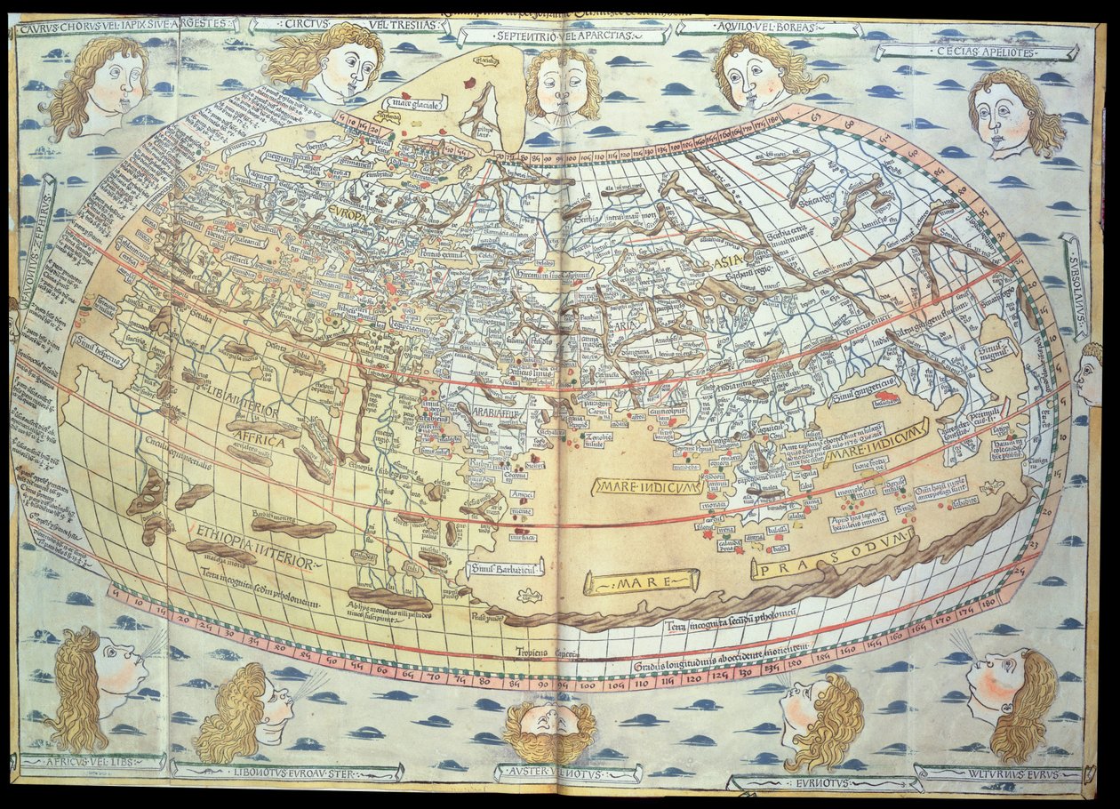 Maailman kartta, joka perustuu Geographiassa annettuihin kuvauksiin ja koordinaatteihin, julkaistu ensimmäisen kerran Ulmissa Saksassa (käsinvärinen kaiverrus) tekijältä Ptolemy