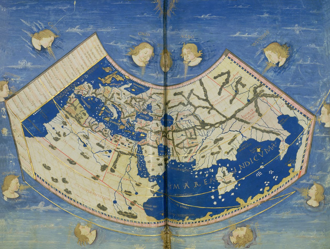Ms Lat 463 Fol.75v-76r maailmankartta kahdentoista tuulen kanssa tekijältä Ptolemy