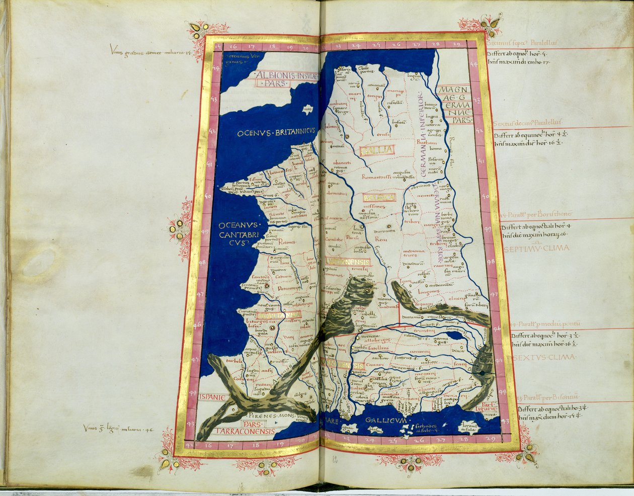 Ms Lat 463 fol.81v-82r Gallian, Belgian, Lyonin ja Akvitanian kartta tekijältä Ptolemy