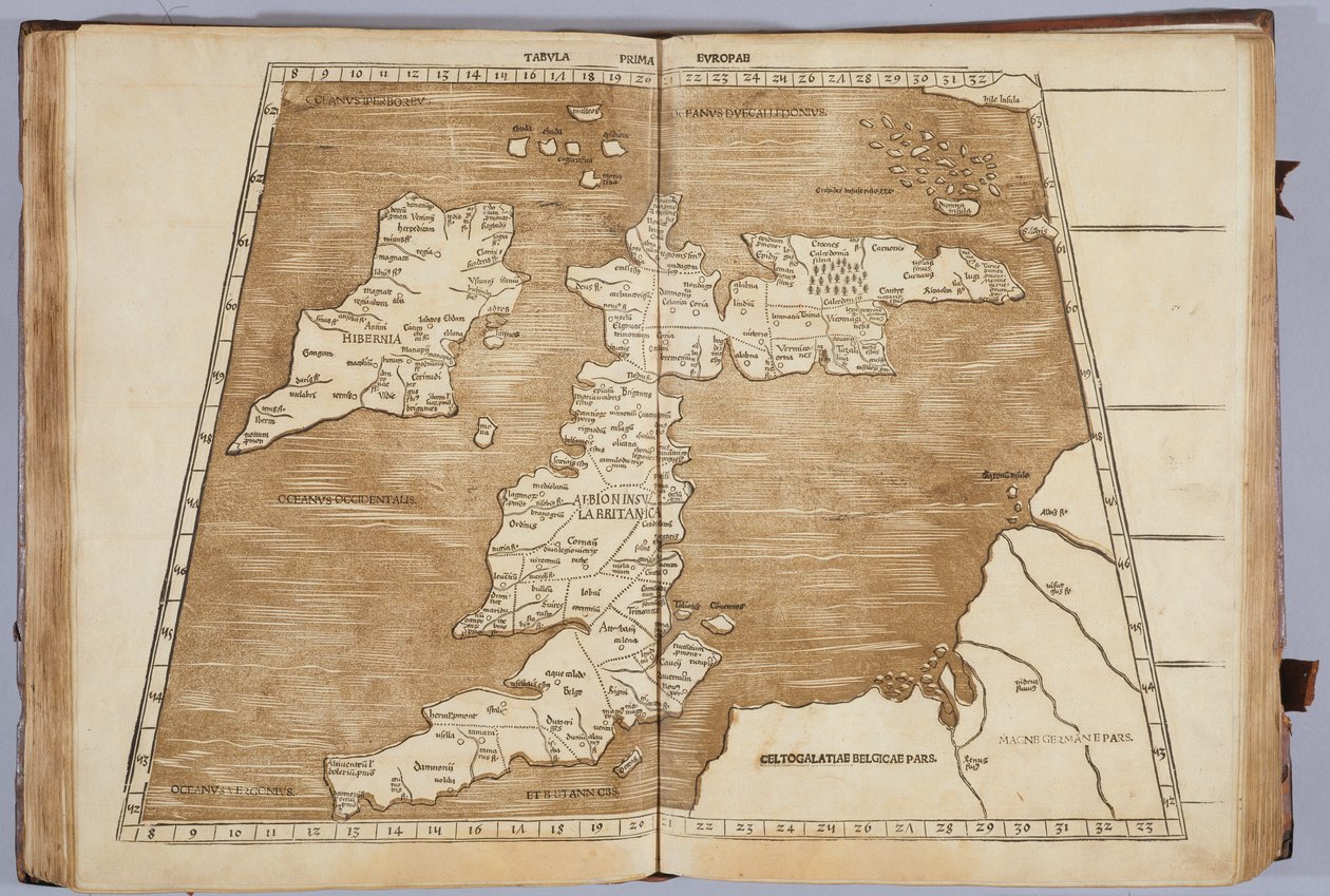 Tabula Prima Europa, teoksesta "Geographie opus novissima traductione e Grecorum archetypis castigatissime pressum", paina Johann Scott vuonna 1513 tekijältä Ptolemy