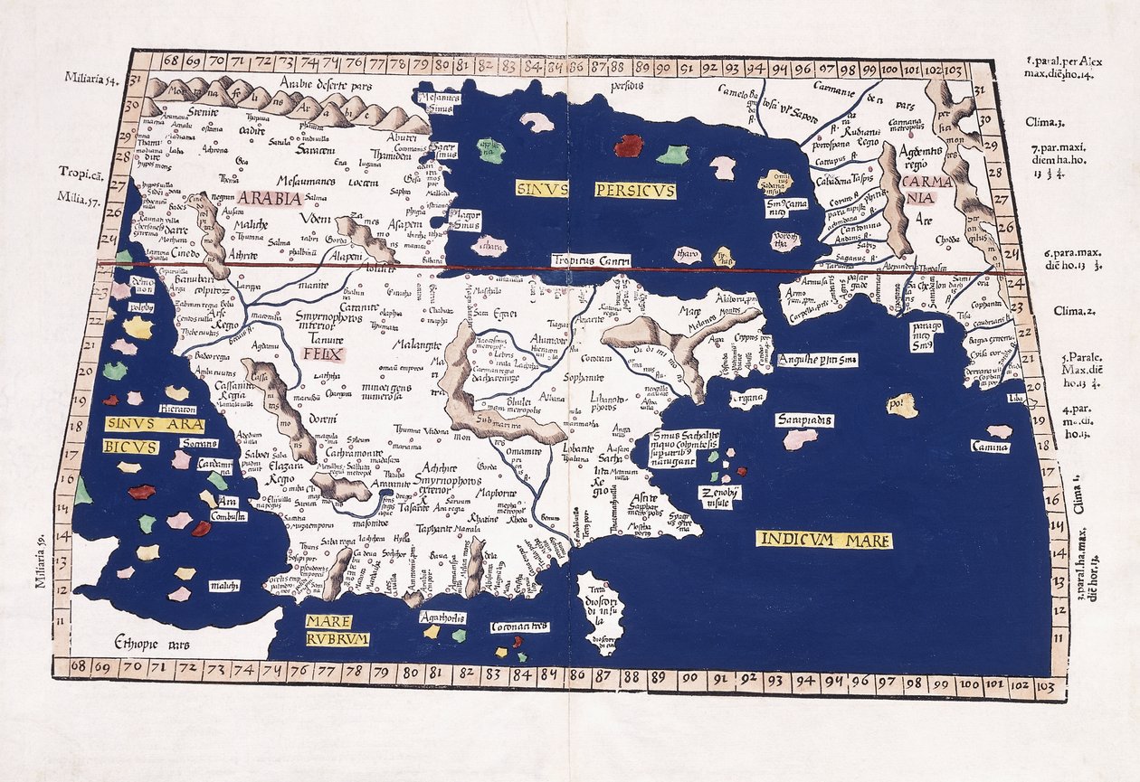 Arabian, Persianlahden ja Intianmeren kartta, 1541 tekijältä Ptolemy