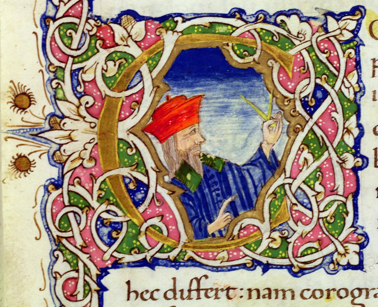 Ms Lat 463 fol.21r Historioitu alkukirjain "C" Ptolemaioksen (n. 90-168) muotokuvalla maailmankartalta tekijältä Ptolemy