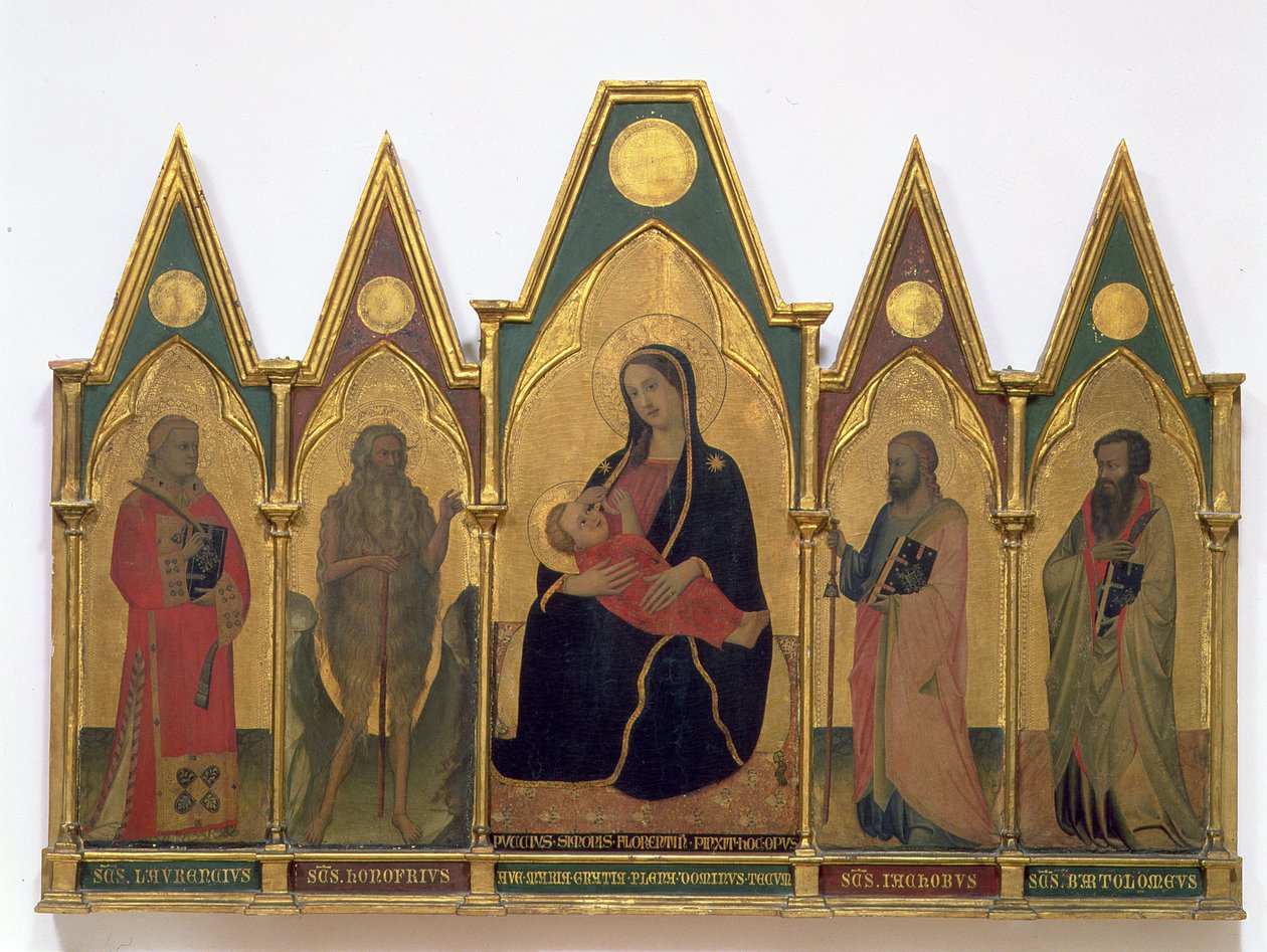 Nöyryyden Madonna pyhien kanssa (tempera paneelissa) tekijältä Puccio di Simone