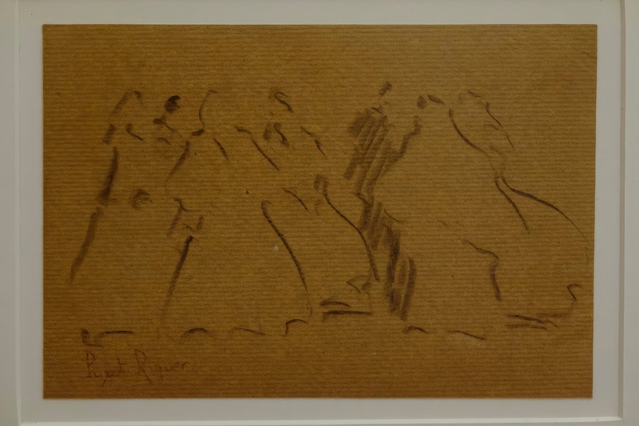 luonnos naishahmoista, Narcís Puget Riquer, hiilipiirros, Puget-museo, Can LLaudisin aatelistalo, Dalt Vila, Ibiza, Baleaarit, Espanja tekijältä Puget Riquer