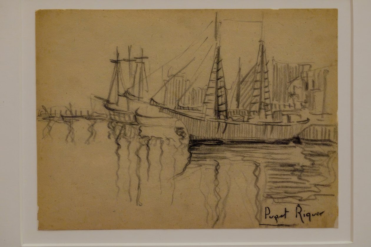 purjeveneet, Narcís Puget Riquer, hiilipiirustus, Puget-museo, Can LLaudisin aatelistalo, Dalt Vila, Ibiza, Baleaarit, Espanja tekijältä Puget Riquer