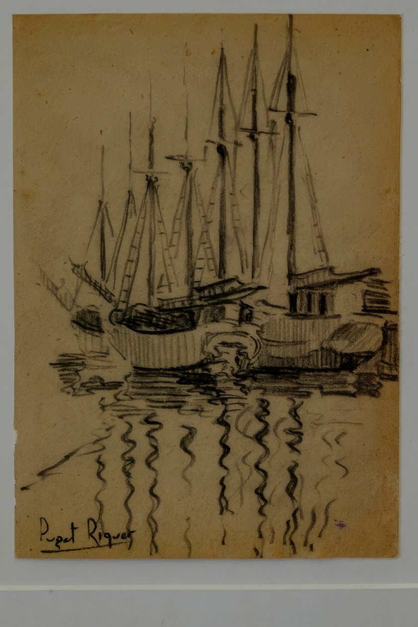 purjeveneet, Narcís Puget Riquer, hiilipiirustus, Puget-museo, Can LLaudisin aatelistalo, Dalt Vila, Ibiza, Baleaarit, Espanja tekijältä Puget Riquer