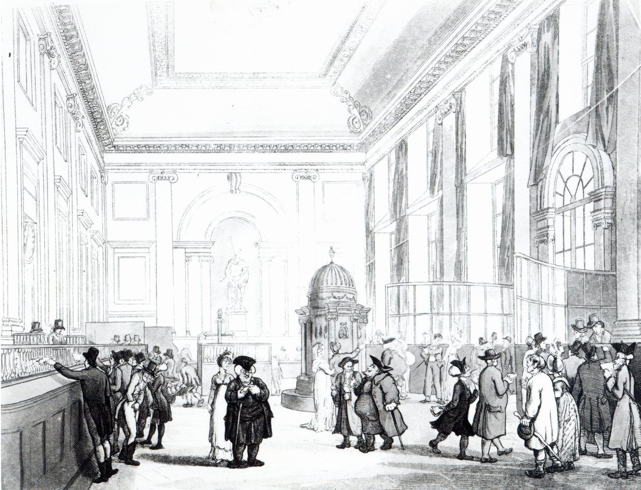 Bank of England, Great Hall, Ackermannin "Microcosm of London", 1809 (akvatinta) tekijältä Pugin and Rowlandson