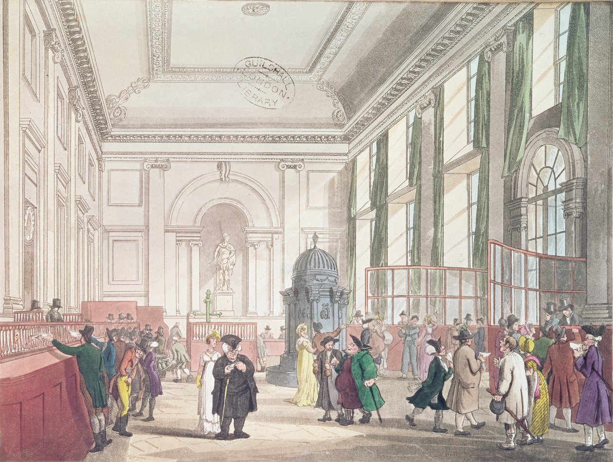 Bank of England, Great Hall, Ackermannin "Microcosm of London", 1809 (akvatinta) tekijältä Pugin and Rowlandson