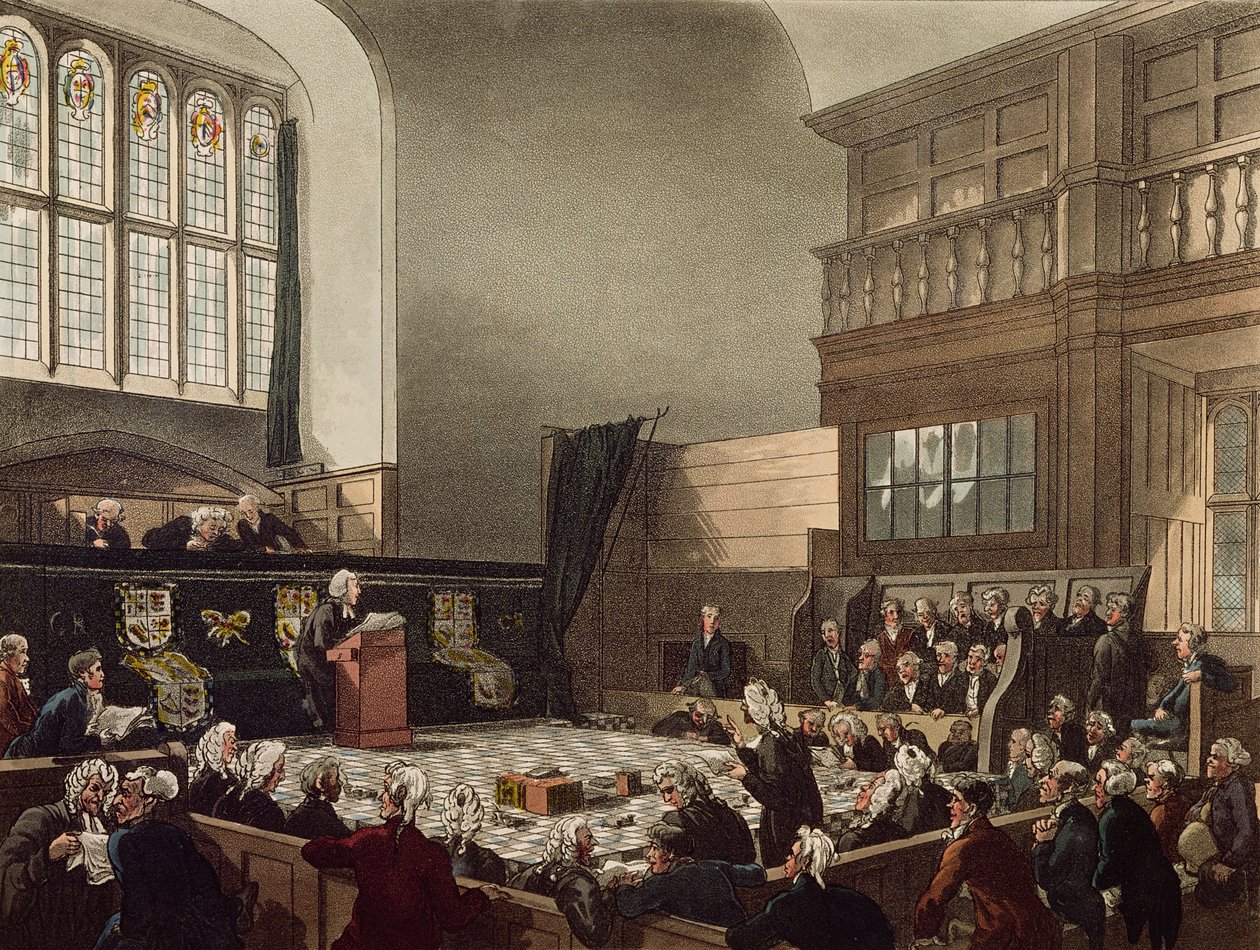 Court of Exchequer, Westminster Hall, teoksesta "The Microcosm of London", kaiverrettu J. C. Stadler (fl.1780-1812), pub. R. Ackermann (1764-1834) 1808 (värillinen akvatinta) tekijältä Pugin and Rowlandson