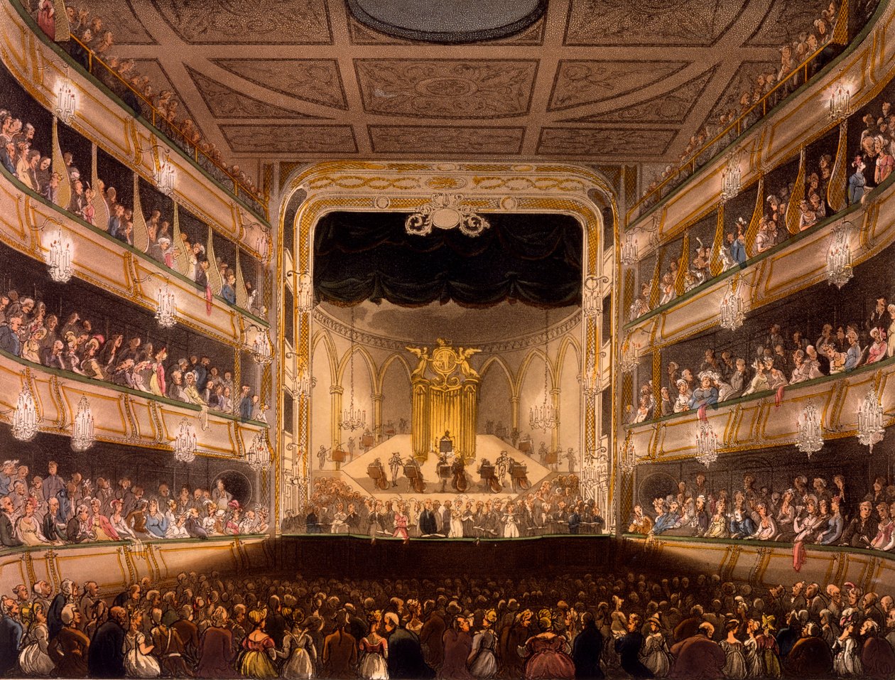 Covent Garden Theatre, R Ackermannin Microcosm of London, 1808 (käsinvärinen akvatinta) tekijältä Pugin and Rowlandson