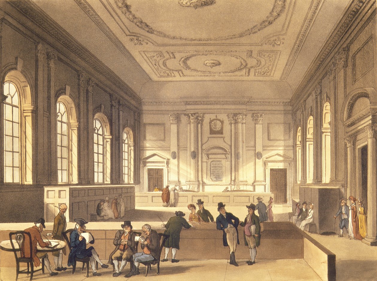 Dividend Hall South Sea Housessa, pubissa. kirjoittanut R. Ackermann, 1810 (akvatinta) tekijältä Pugin and Rowlandson