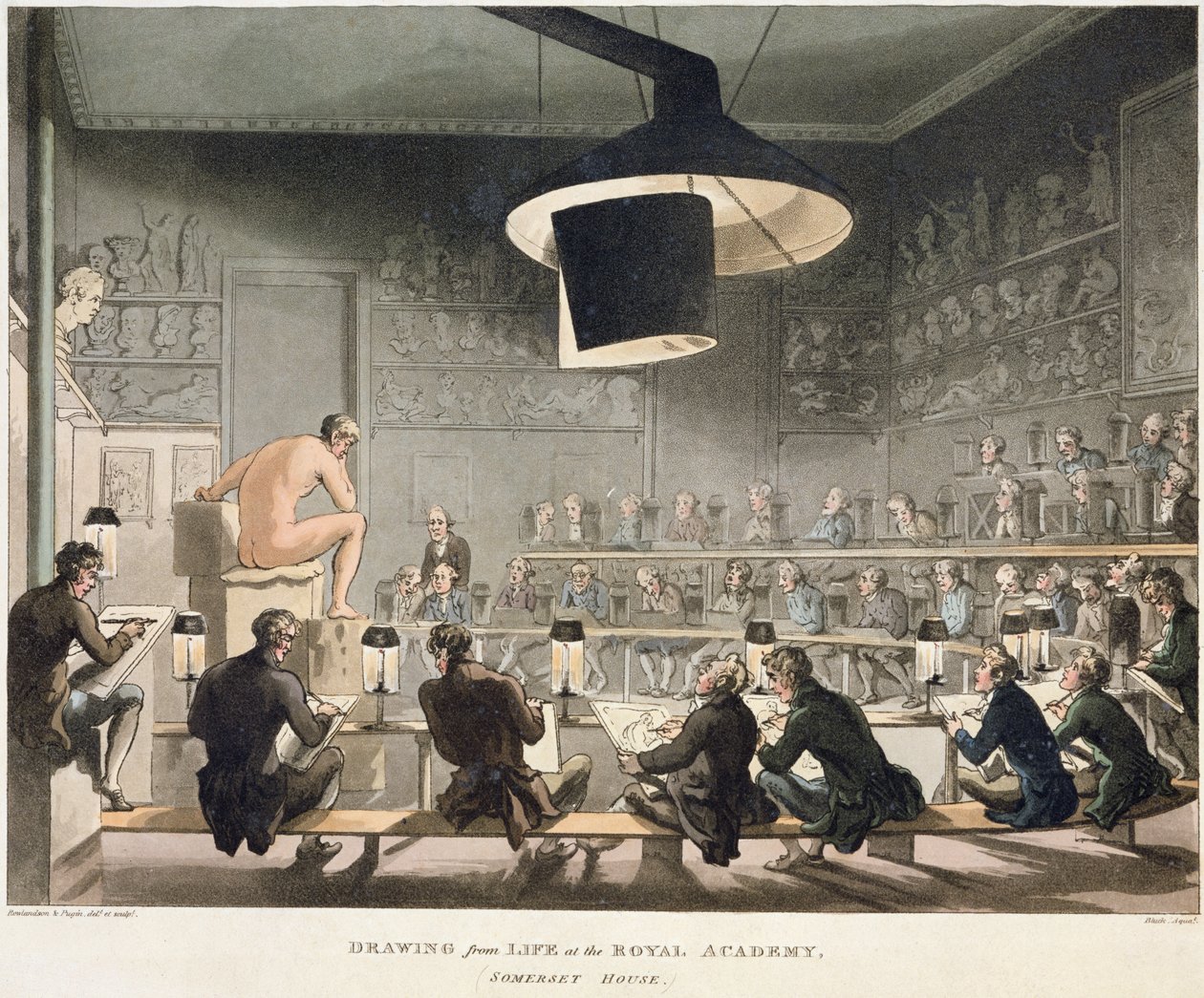 Piirustus elämästä Royal Academyssa (värillinen kaiverrus) tekijältä Pugin and Rowlandson
