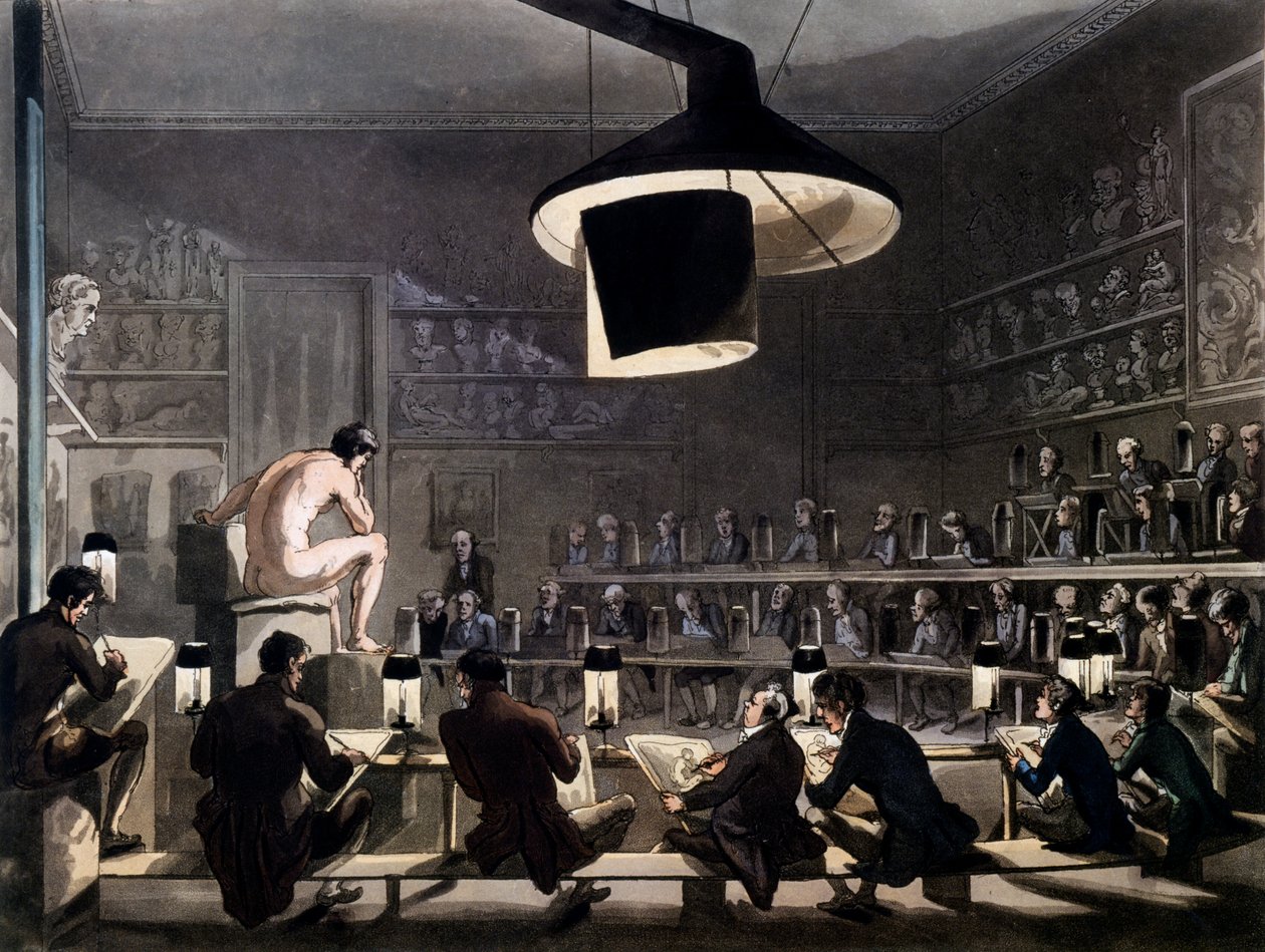 Piirustus elämästä Royal Academyssa, Somerset House, Lontoo, R. Ackermannin Microcosm of Londonista, 1810 (värillinen akvatinta) tekijältä Pugin and Rowlandson