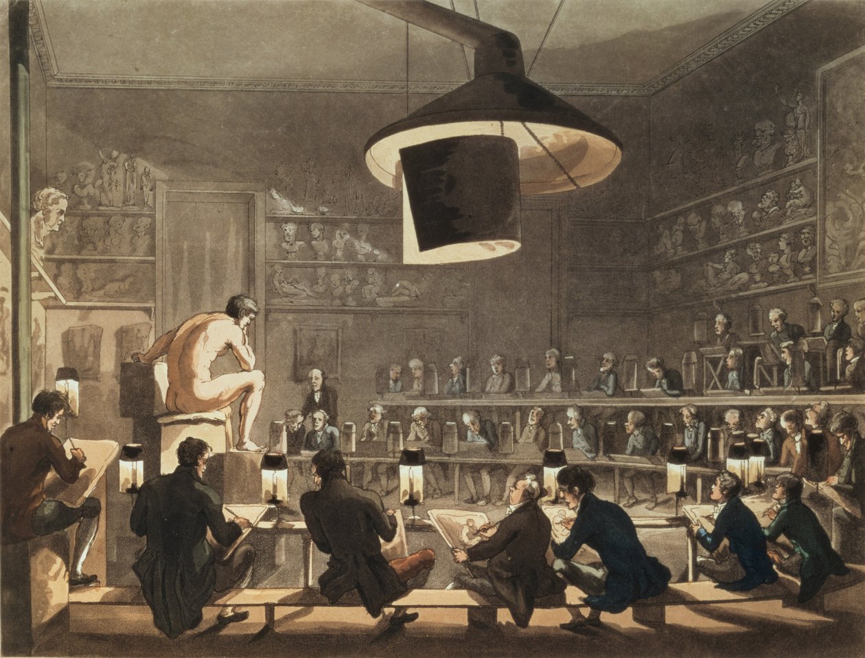 Piirustus elämästä Royal Academyssa, kaiverrus Richard Banks Harraden (1778-1862) (akvatinta) tekijältä Pugin and Rowlandson