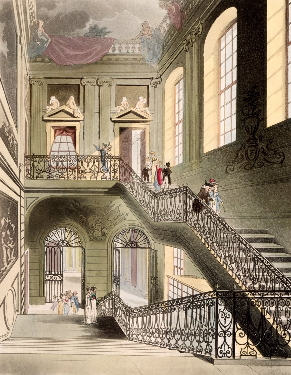 Hall and Staircase British Museumissa, R. Ackermannin vuonna 1808 julkaisemasta "Microcosm of Londonista" tekijältä Pugin and Rowlandson