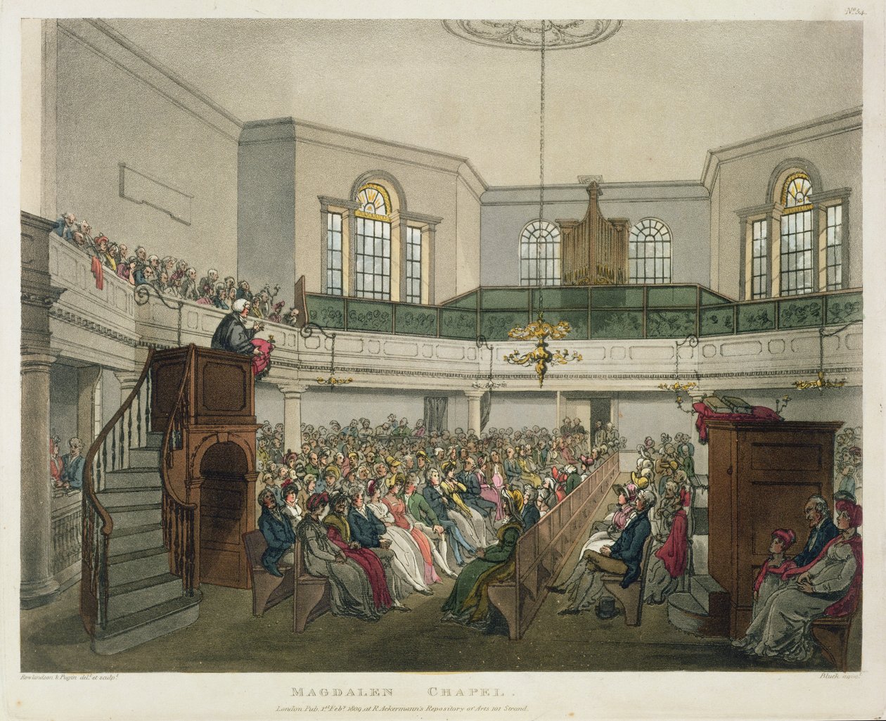 Magdalen Chapel, "Ackermannin mikrokosmosta Lontoossa", kaiverrus John Bluck (fl.1791-1831), 1809 (akvatinta) tekijältä Pugin and Rowlandson