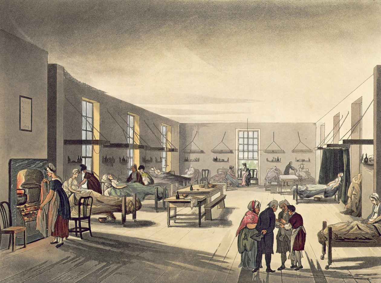 Middlesexin sairaala Ackermannin "Lontoon mikrokosmosta" tekijältä Pugin and Rowlandson