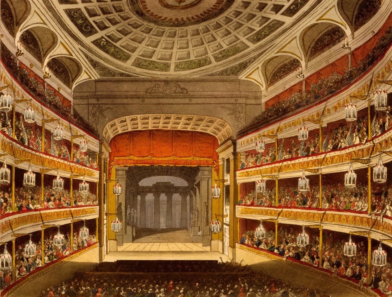 Uusi Covent Garden Theatre, Lontoon Microcosm, 1810, R Ackermann (käsinvärinen akvatinta) tekijältä Pugin and Rowlandson