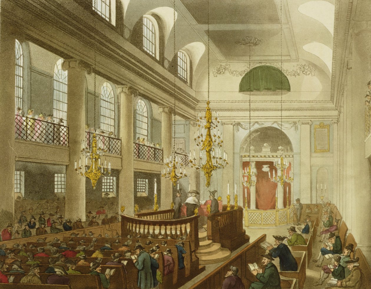 Synagoga, Dukes Place, Houndsditch, Ackermannin teoksesta "Lontoon mikrokosmos", kaiverrus Sunderland, 1809 (akvatinta) tekijältä Pugin and Rowlandson