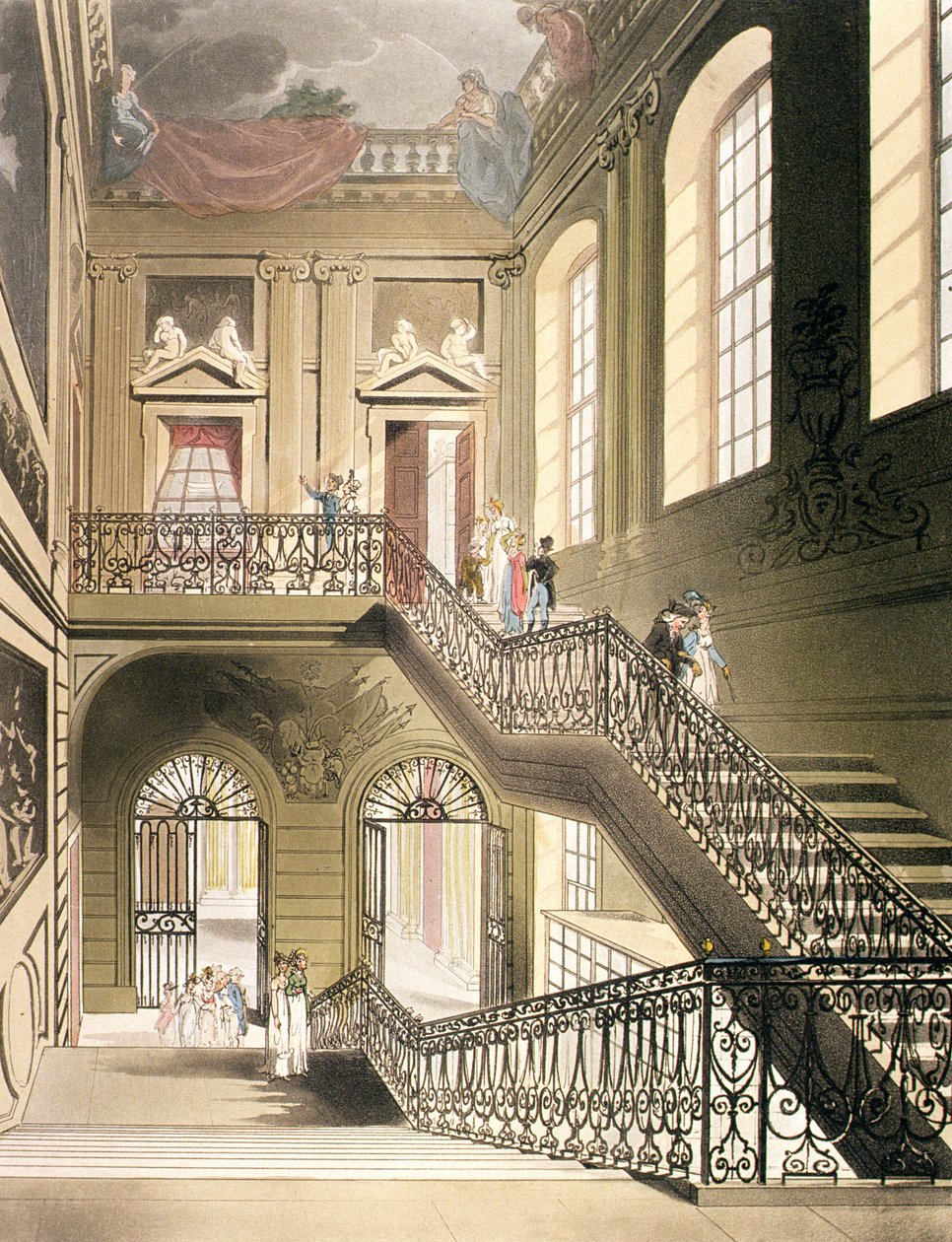 Brittiläisen museon sali ja portaat Ackermannin "Lontoon mikrokosmosta" tekijältä Pugin and Rowlandson