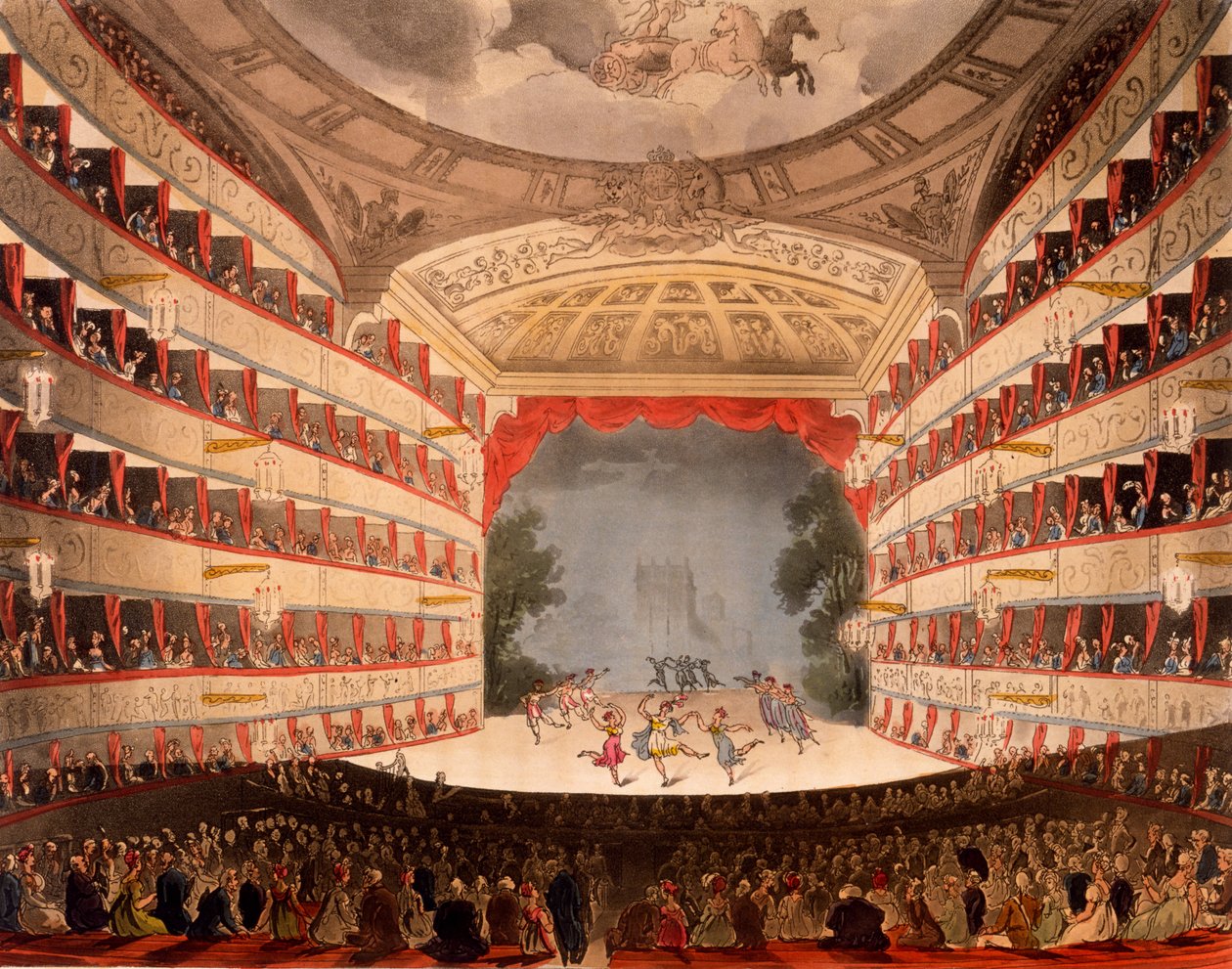 The Opera House, Lontoo, Ackermannin "Repository of Arts", 1809 (käsin värjätty akvatintta). tekijältä Pugin and Rowlandson