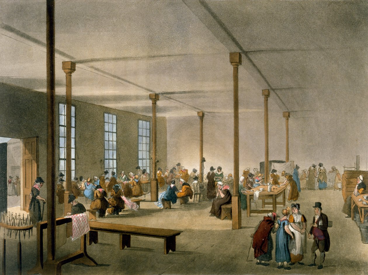 The Workhouse, St James, Parish, Lontoo, Ackermannin "Taidevarasto", 1809 (käsinvärinen akvatinta) tekijältä Pugin and Rowlandson