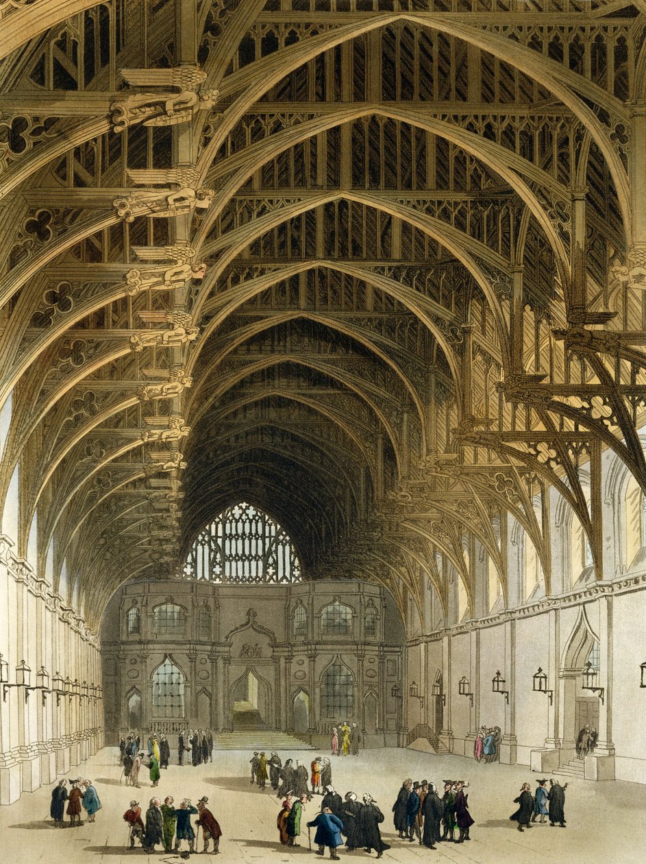 Westminster Hall, kaiverrus J. Bluck (fl.1791-1831) pub. R. Ackermann, 1809 (värillinen akvatinta) tekijältä Pugin and Rowlandson