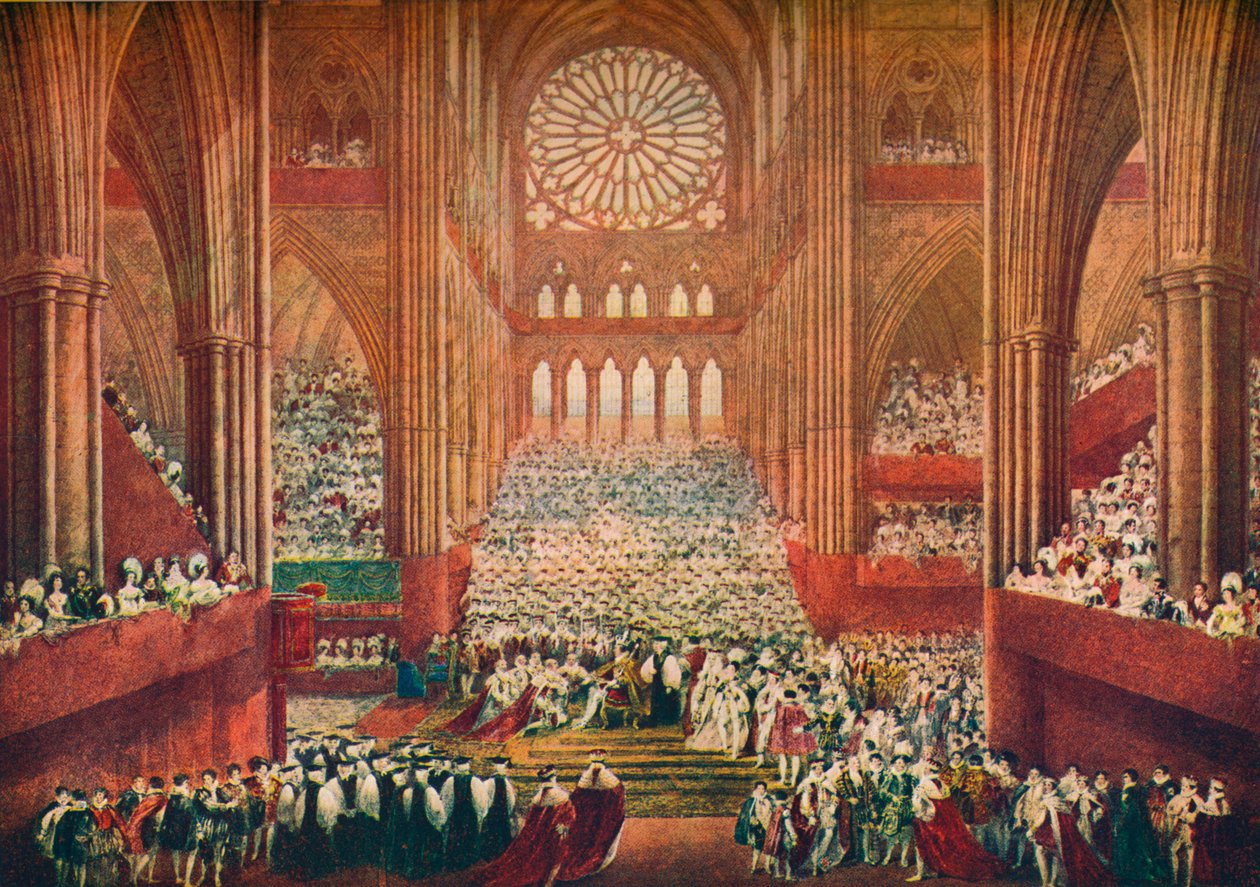 Kuningas Yrjö IV:n kruunaus Westminster Abbeyssa Lontoossa, 1821 1906. tekijältä Pugin and Stephanoff