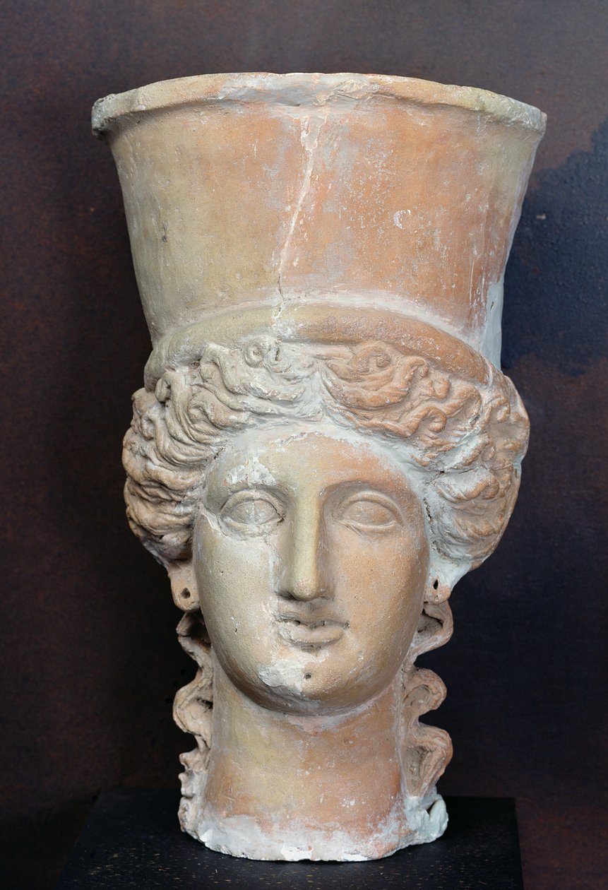 Naisjumaluuden pään muotoinen suitsuke, Carthagesta, Salambon pyhäköstä (terrakotta) tekijältä Punic