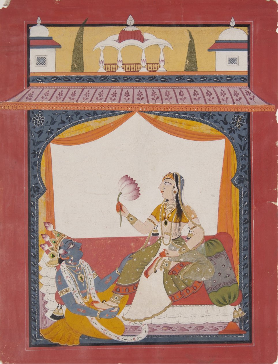 Krishna hieroo Radhan jalkoja, kohtaus mahdollisesti Gita Govindasta tekijältä Punjab Hills
