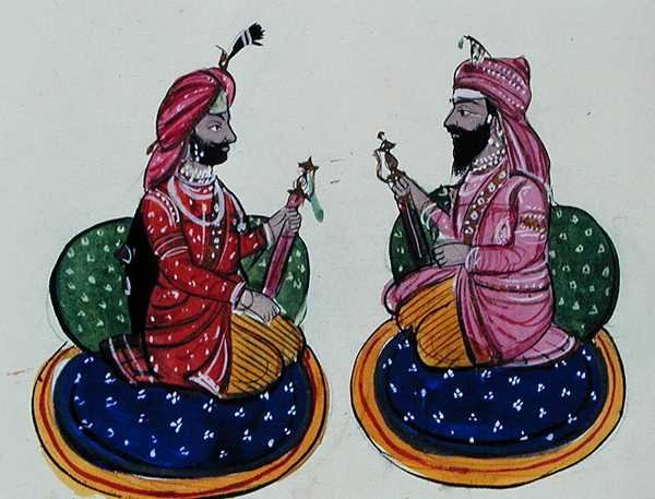 Maharaja Kharak Singh ja Maharaja Nau Nihal Singh, n. 1890 (akvarelli paperille) tekijältä Punjabi School