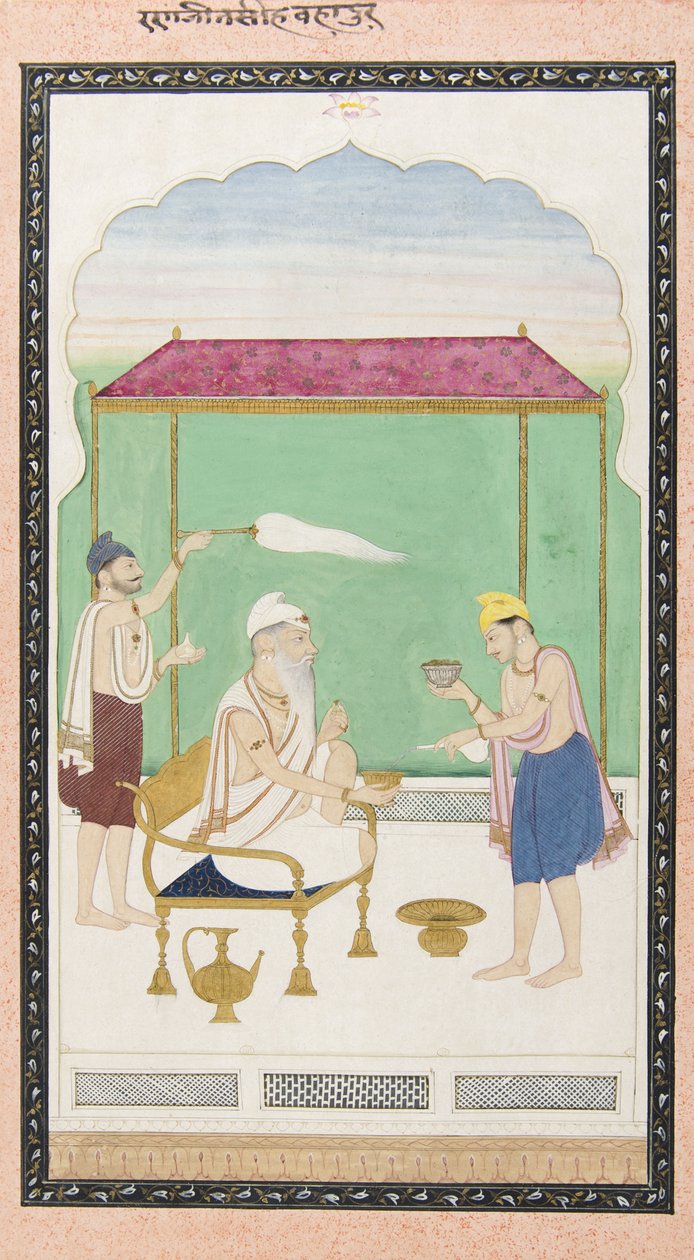 Ranjit Singh istuu kultatuolilla, mukana moraalin kantaja, n. 1830 tekijältä Punjabi School