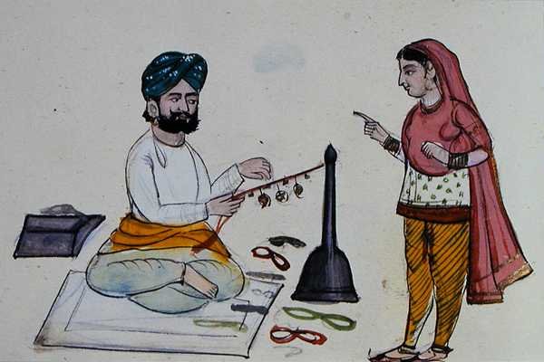Silk Braid Maker, n. 1890 (akvarelli paperille) tekijältä Punjabi School