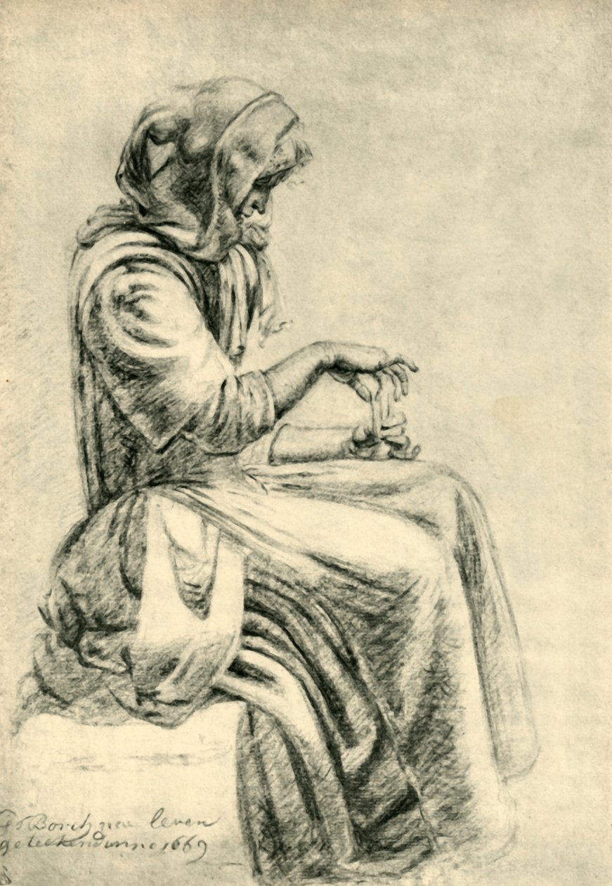 Istuva nainen pelikorteilla, 1669, 1943. tekijältä Pupil of Gerard ter Borch II