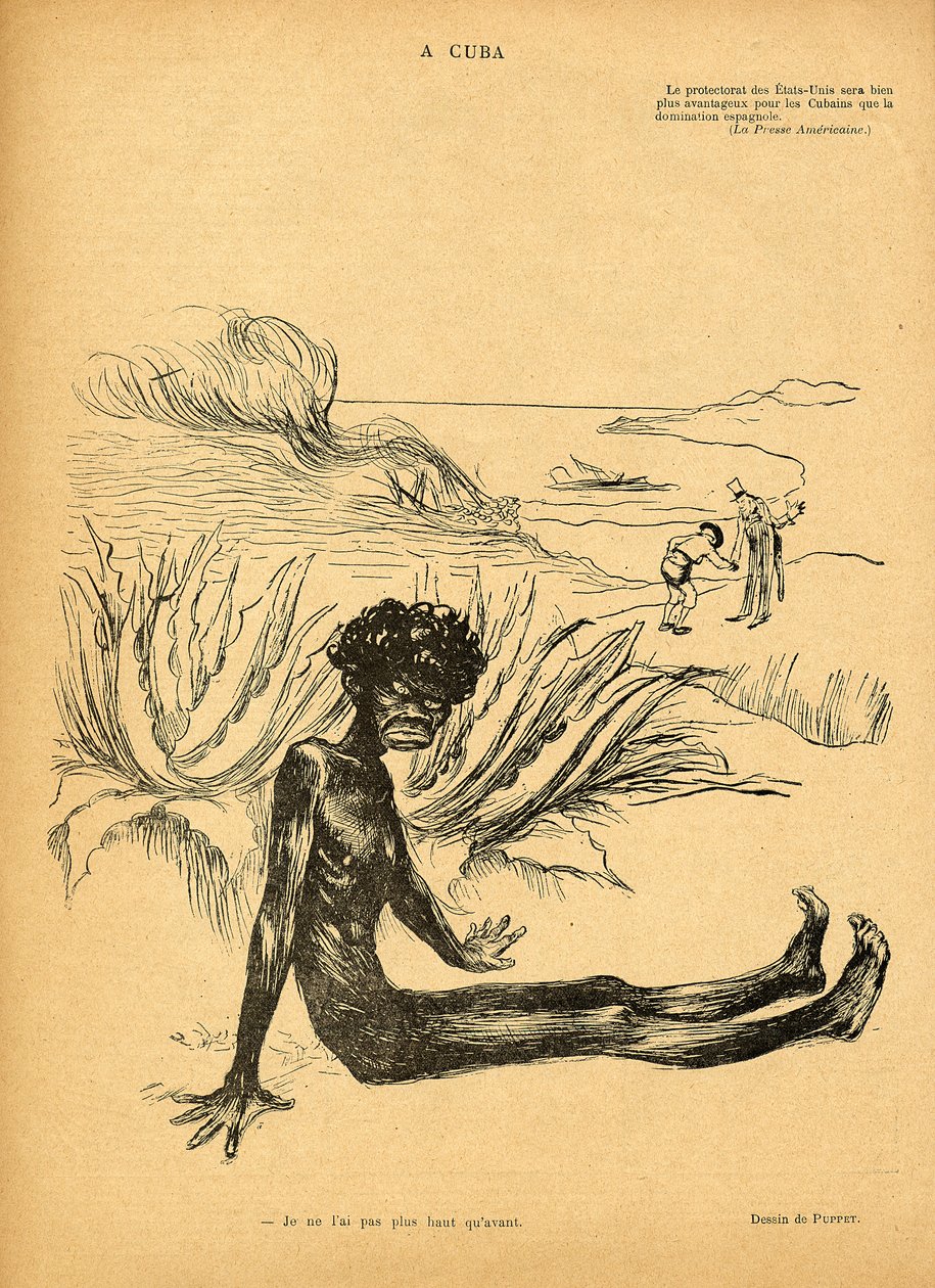 Yhdysvallat valtaa Kuuban Espanjalta, sarjakuva Le Rire -lehdestä, 29. lokakuuta 1898. tekijältä Puppet