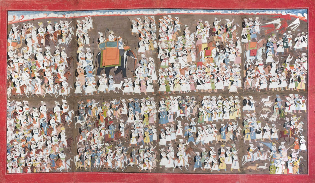 Sansar Chand istuu norsun selässä, ympärillään armeija jalkaisin ja hevosella, n.1790 (läpinäkymätön wc paperille). tekijältä Purkhu