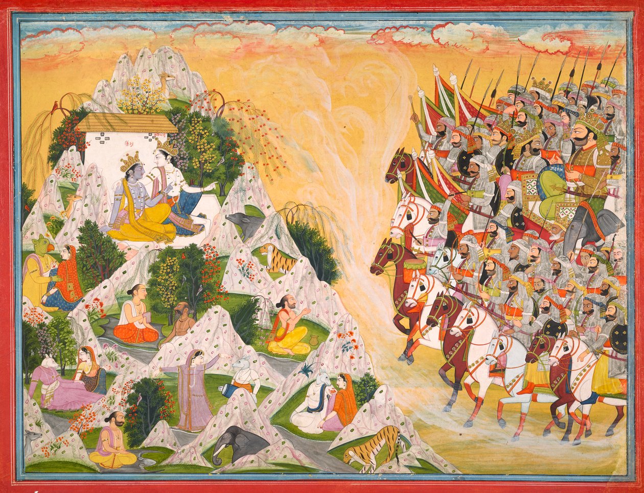Jarasandhan armeija etenee kohti Krishnaa ja Balramaa, Folio Mahabharatasta, n. 1800-1815. tekijältä Purkhu
