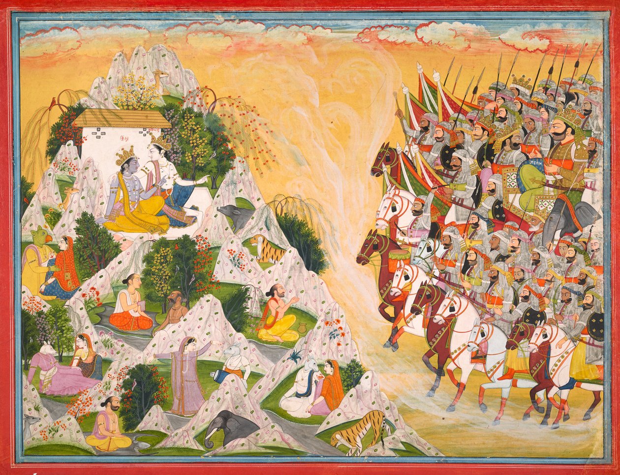 Jarasandhin armeija etenee kohti Krishnaa ja Balaramia, Folio Mahabharatasta, n. 1200-1312 tekijältä Purkhu of Kangra