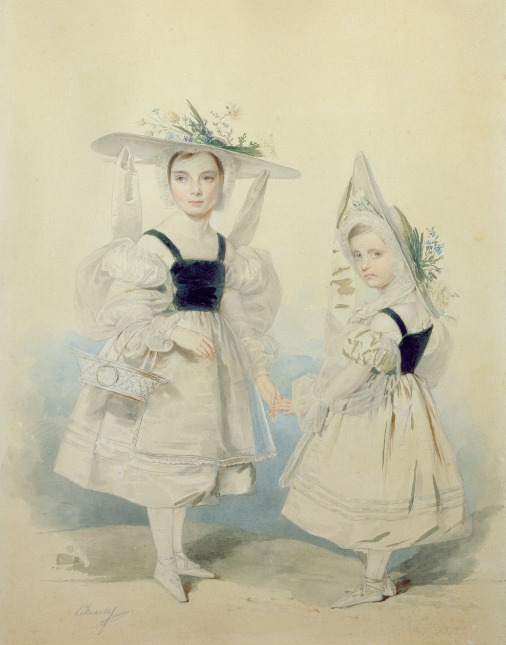 Muotokuva suurprinsessasta Olgasta ja Alexandrasta hienossa mekossa, 1830-luku tekijältä Pyotr Fyodorovich Sokolov