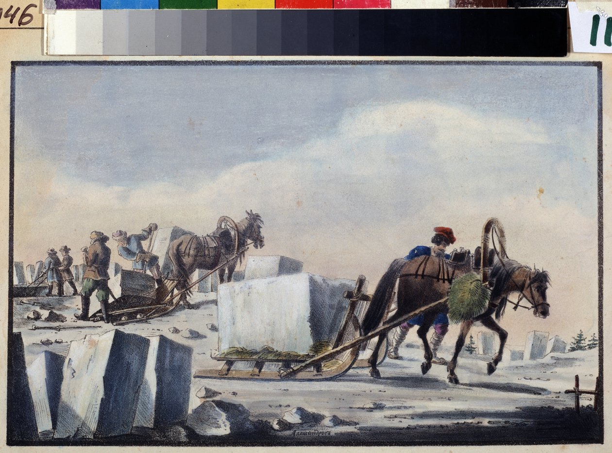 Jään halkeaminen. Pjotr ​​Aleksandrovitš Aleksandrovin maalaus (1794-?). Akvarelli ja muste paperille tekijältä Pyotr Alexandrovich Alexandrov