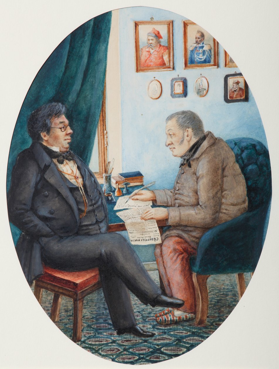 Faddey Venediktovich Bulgarin ja Nikolay Ivanovich Grech, 1849 tekijältä Pyotr Andreyevich Karatygin