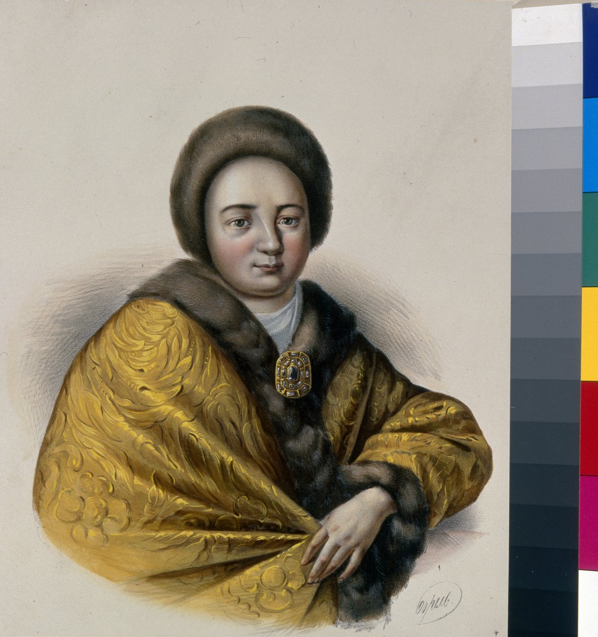 Muotokuva tsaaritar Natalia Naryshkina (Narychkina) (Nathalie Narychkine) (1651-1694), Venäjän tsaari Aleksis I:n (1629-1676) vaimo. Pjotr ​​Fjodorovitš Borelin (1829-1898) teos, litografia, noin 1860. Venäläinen taide tekijältä Pyotr Fyodorovich Borel