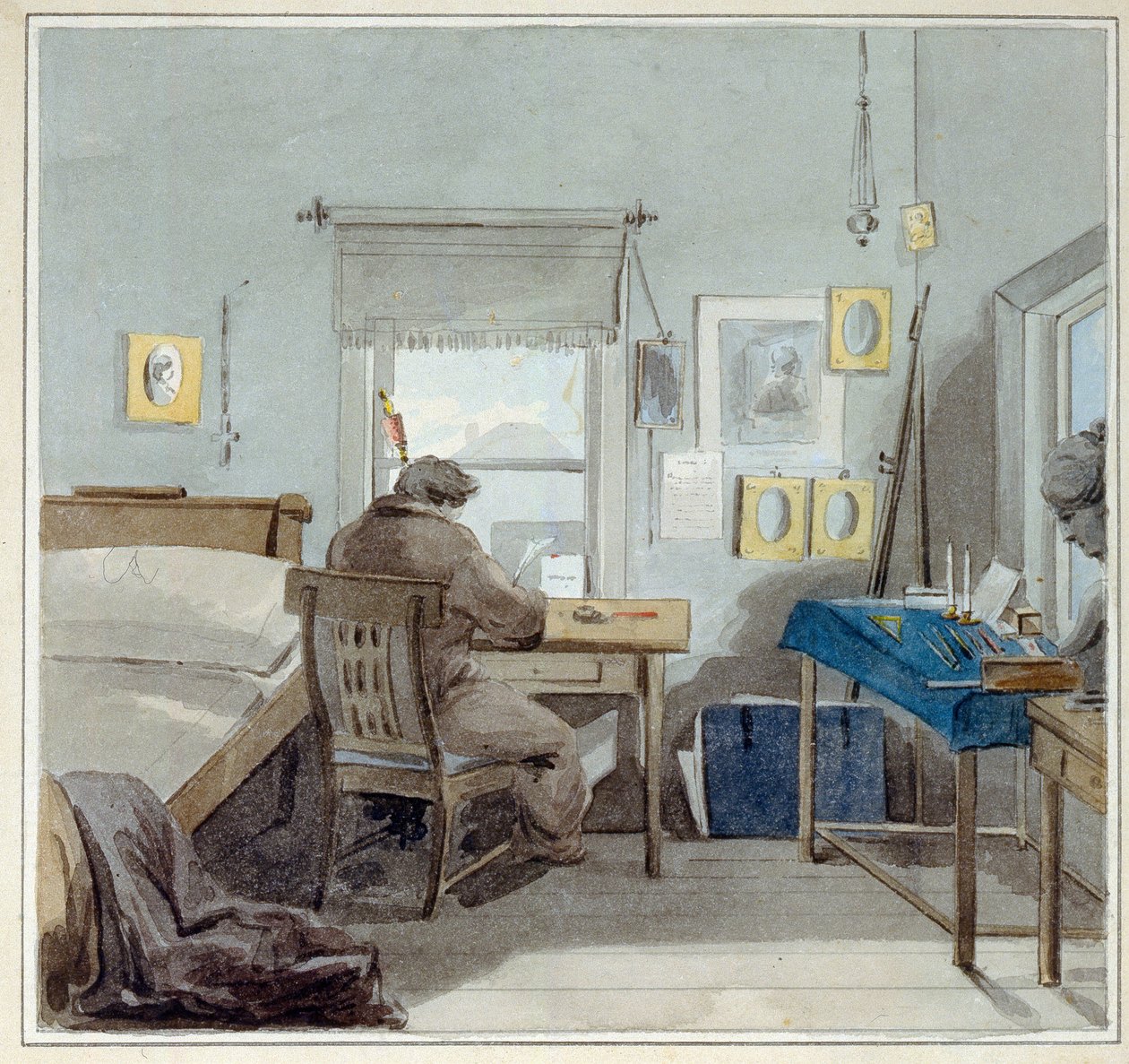 Töissä. Pavel Nashchokinin (1801-?) talossa (Moskova). (Töissä. Pavel Nashchokinin talossa). Pjotr ​​(Piotr) Fjodorovitš Sokolov (Pierre Sokolov) (1791-1848) työ, akvarelli paperille tekijältä Pyotr Fyodorovich Sokolov