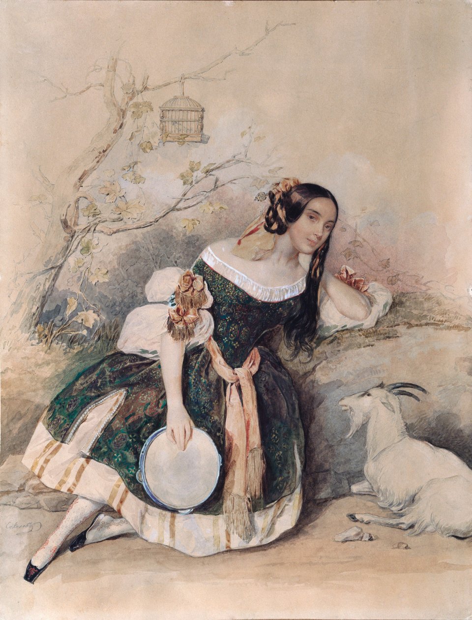 Smaragdi. (Balerina Marius Petipan (1818-1910) baletille, muokattu "Notre Dame de Parisista", Victor Hugo (1802-1885) Pjotr ​​(Piotr) Fjodorovitš Sokolov (Pierre Sokolov) (1791-1848) teos, vesiväri, guassi, valkoinen ja kulta paperille Art r tekijältä Pyotr Fyodorovich Sokolov