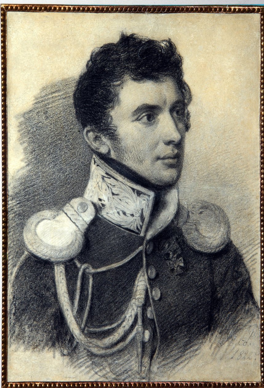 Dekabristin (tai dekabristin) Nikita Muravjovin (1797-1843) muotokuva. (Dekabristin N.Muravjovin muotokuva). Pjotr ​​(Piotr) Fjodorovitš Sokolov (Pierre Sokolov) (1791-1848) teos, lyijykynä ja pastelli pahville, 1822. Venäläinen taide, 1800-luku, romantiik tekijältä Pyotr Fyodorovich Sokolov