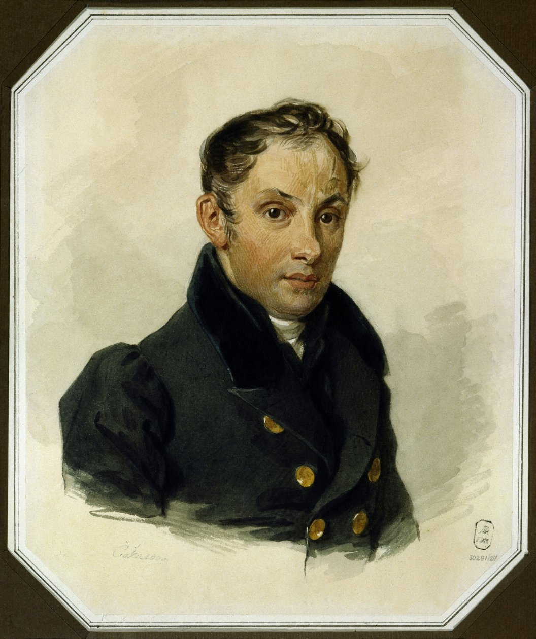 Runoilija Vasili Žukovski (1783-1852) muotokuva (Vasili Žukovski) - Pjotr ​​Fjodorovitš Sokolovin (1791-1848) akvarelli paperille (17x14 cm), noin 1820 - A. Puškinin muistomuseo, Pietari (Venäjä) tekijältä Pyotr Fyodorovich Sokolov