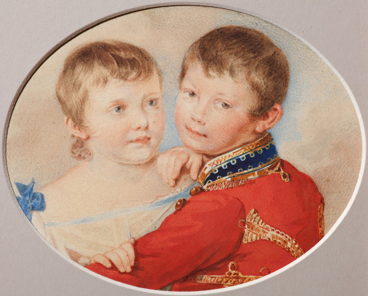 Kruununprinssi Aleksandr Nikolajevitšin ja suurherttuatar Maria Nikolajevnan muotokuva lapsina, 1825 tekijältä Pyotr Fyodorovich Sokolov