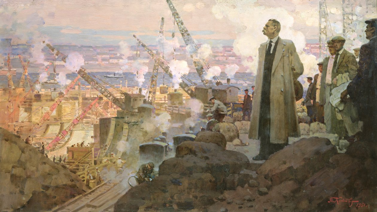 Maxim Gorki (1868-1936) vesivoimalaitoksen "DnieproGES" rakennustyömaalla. tekijältä Pyotr Ivanovich Kotov